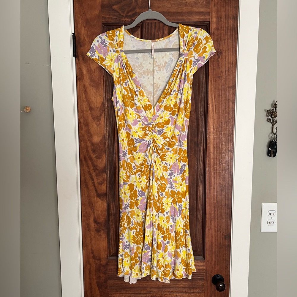 Free People Floral printed cap sleeve yellow mini dress